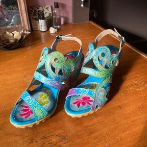 Lovely turquoise hand embossed leather sandals